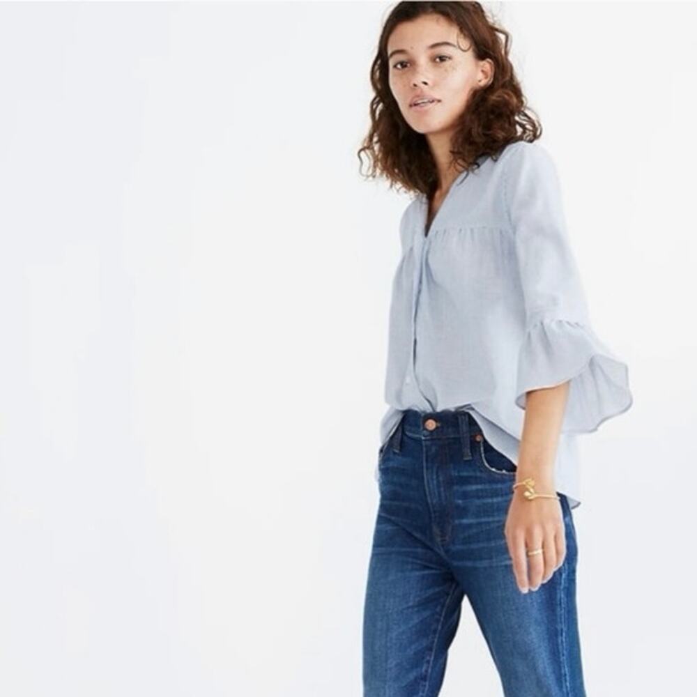 Madewell Size M Veranda Bell Sleeve Shirt Top Blouse Blue White Stripe H6688